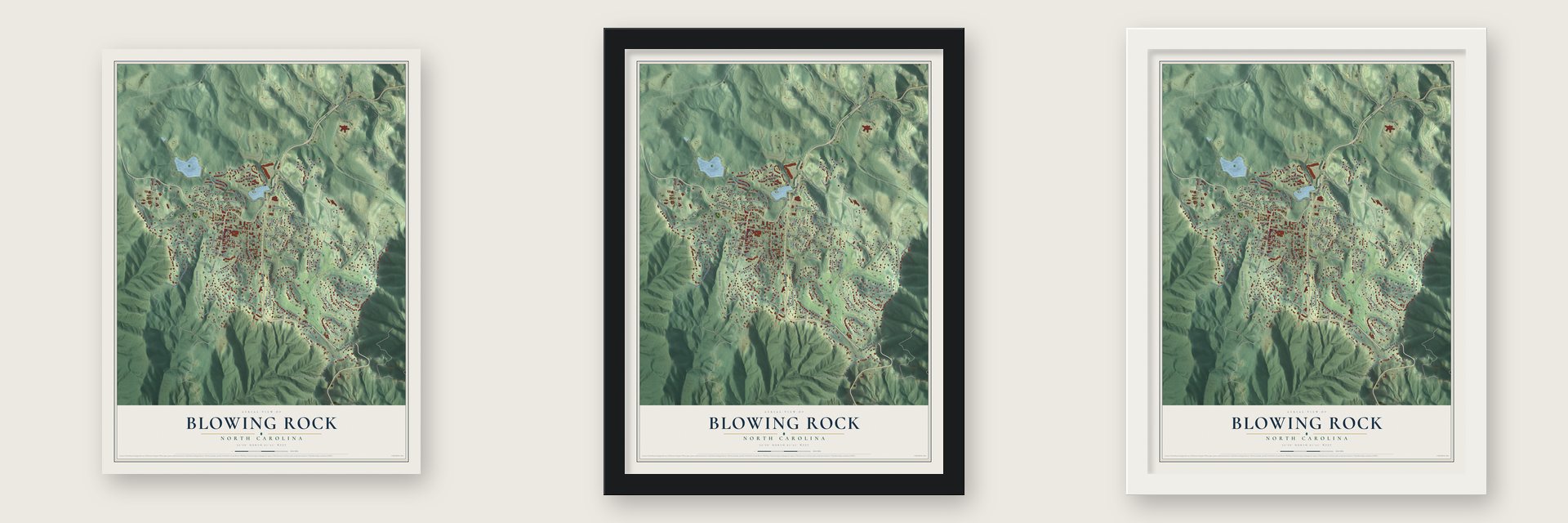 Blowing Rock, North Carolina map unframed, in a black wood frame and in a white wood frame