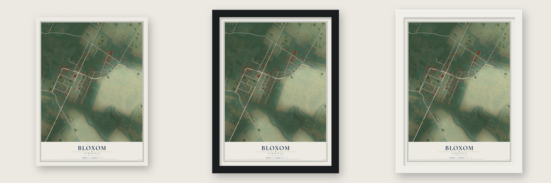 Bloxom, Virginia map unframed, in a black wood frame and in a white wood frame