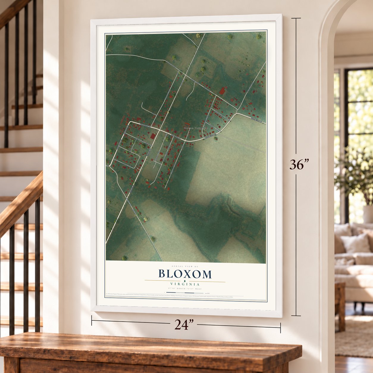 Bloxom, Virginia map, 24 x 36 inch print in a white frame by a staircase