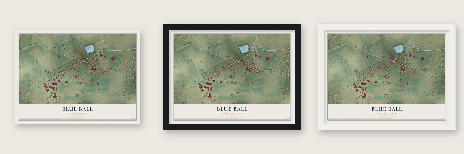 Blue Ball, Pennsylvania map unframed, in a black wood frame and in a white wood frame