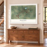Blue Ball, Pennsylvania map, 24 x 36 inch print in a white frame above a dresser by a staircase