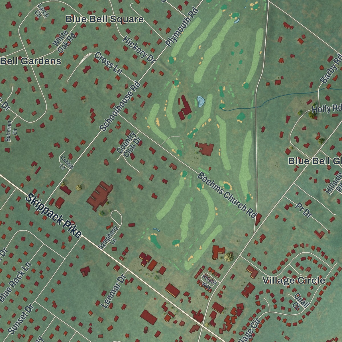 Second close-up of the map of Blue Bell, Pennsylvania print showing more streets and buildings