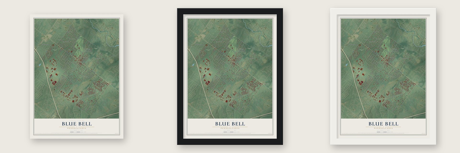 Blue Bell, Pennsylvania map unframed, in a black wood frame and in a white wood frame