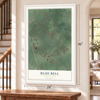 Blue Bell, Pennsylvania map, 24 x 36 inch print in a white frame by a staircase