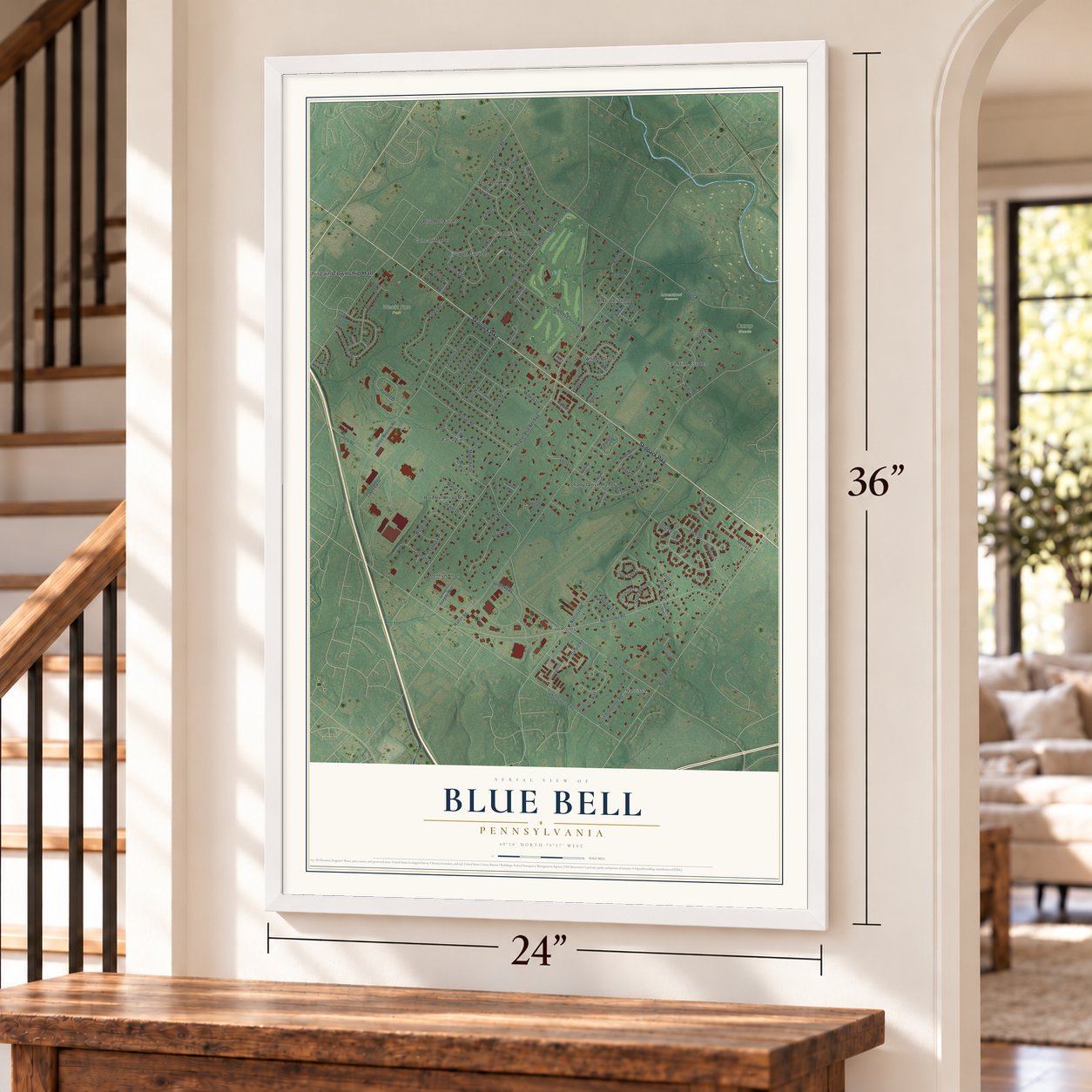 Blue Bell, Pennsylvania map, 24 x 36 inch print in a white frame by a staircase