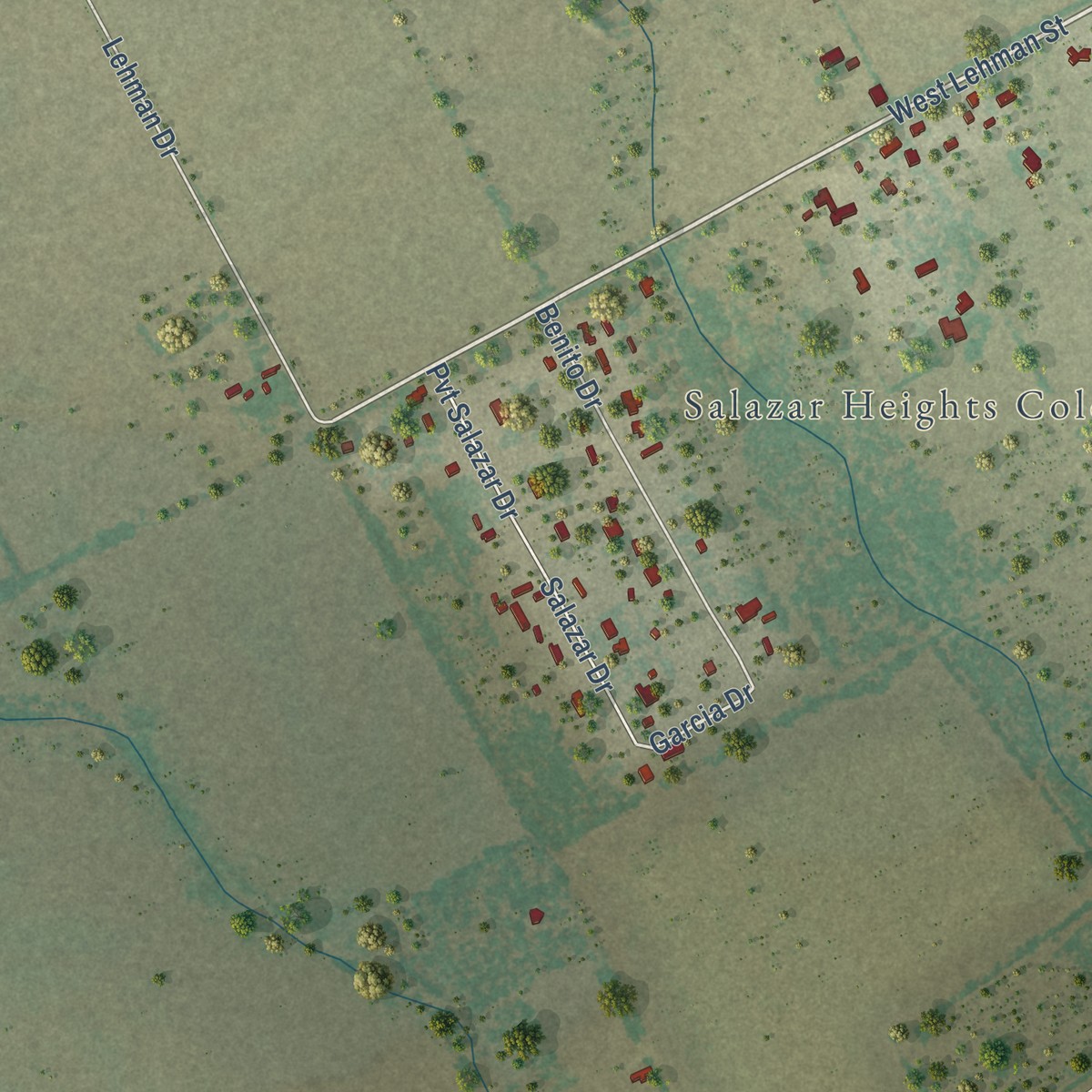Second close-up of the map of Blue Berry Hill, Texas print showing more streets and buildings