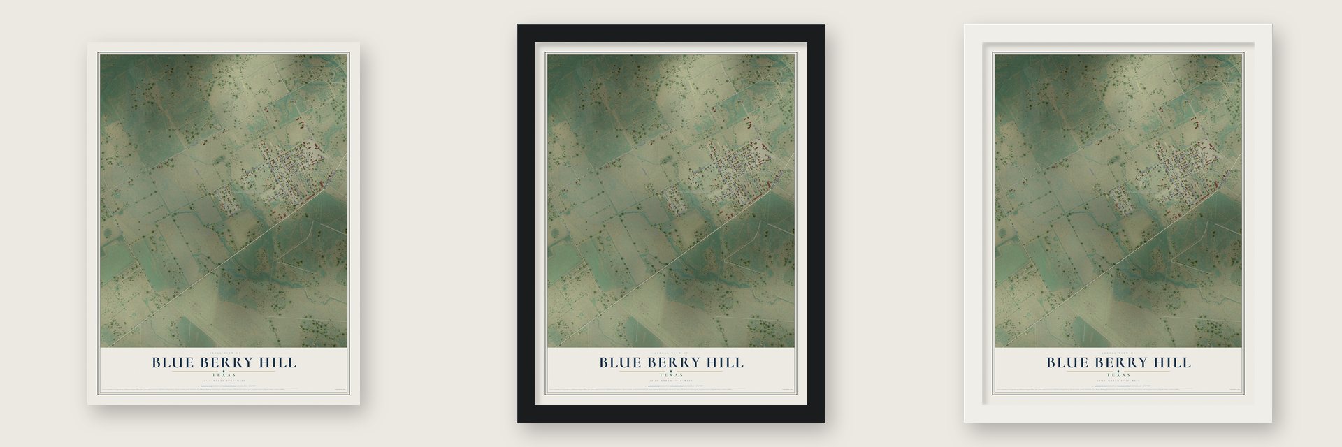 Blue Berry Hill, Texas map unframed, in a black wood frame and in a white wood frame