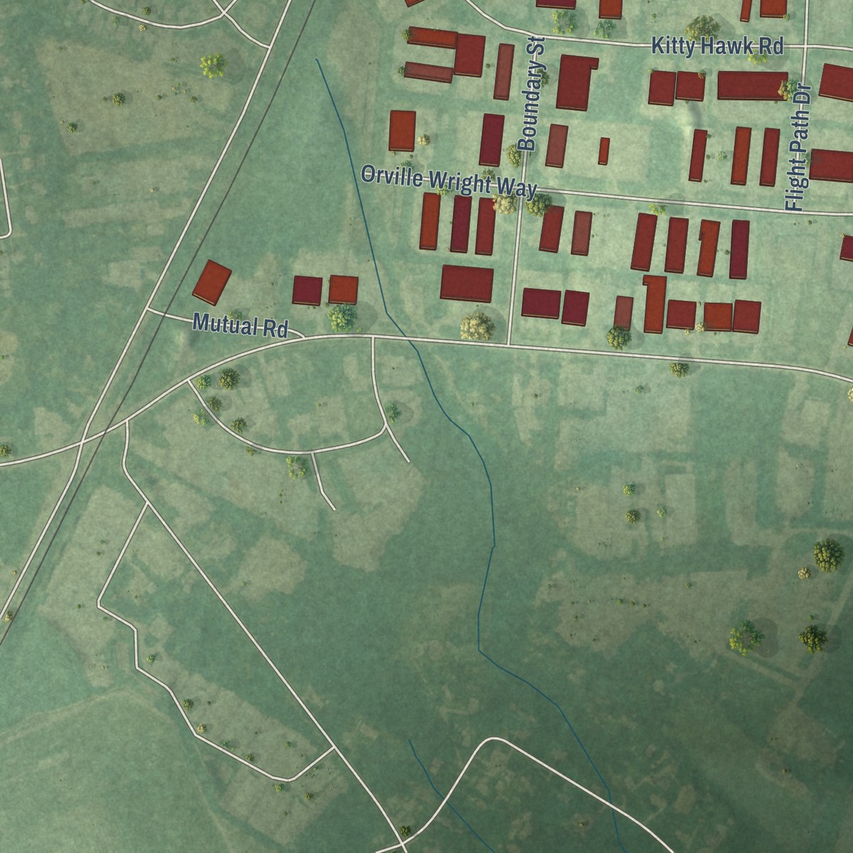 Second close-up of the map of Blue Clay Farms, North Carolina print showing more streets and buildings