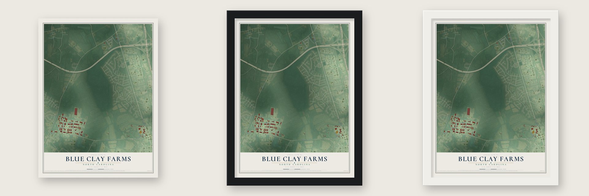 Blue Clay Farms, North Carolina map unframed, in a black wood frame and in a white wood frame