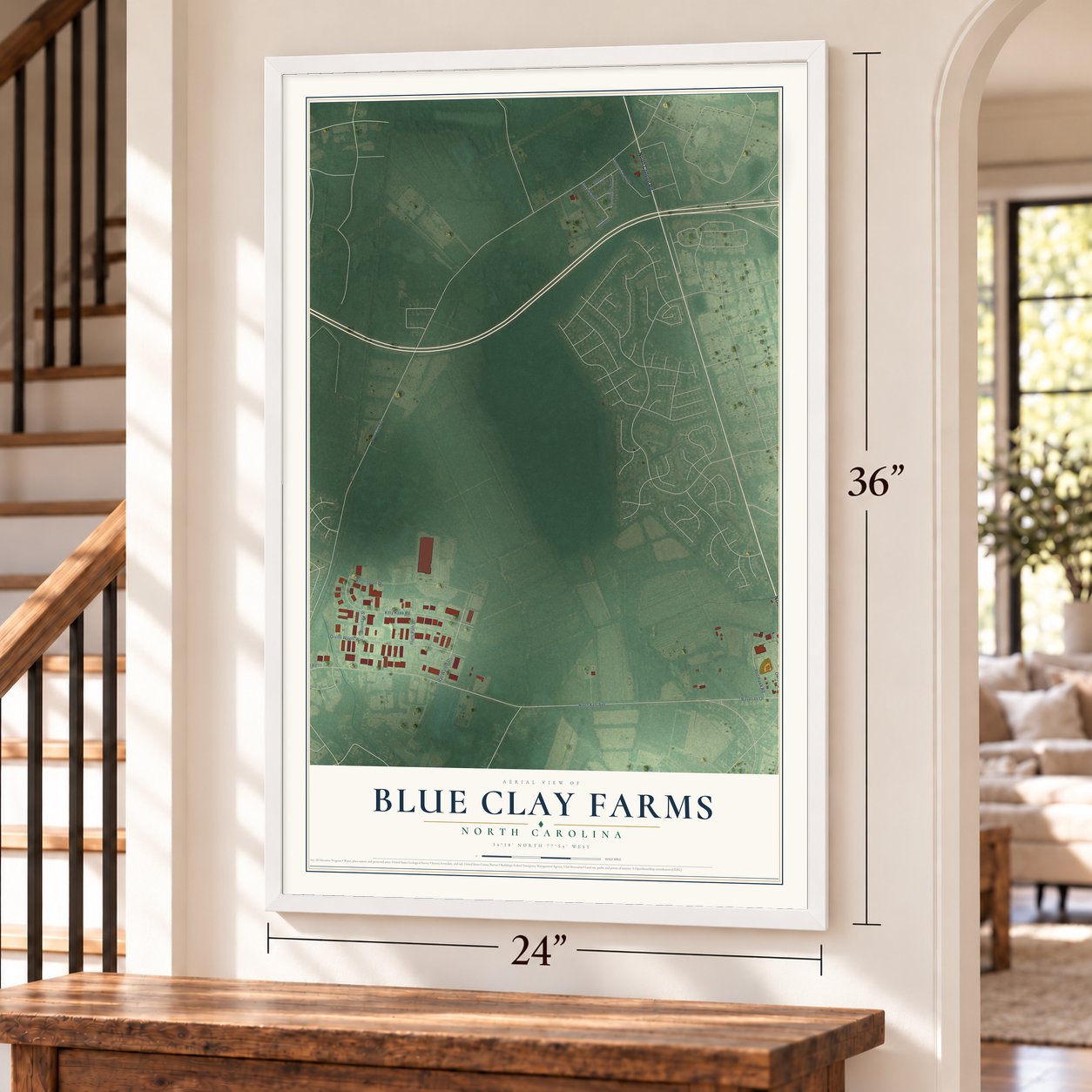 Blue Clay Farms, North Carolina map, 24 x 36 inch print in a white frame by a staircase