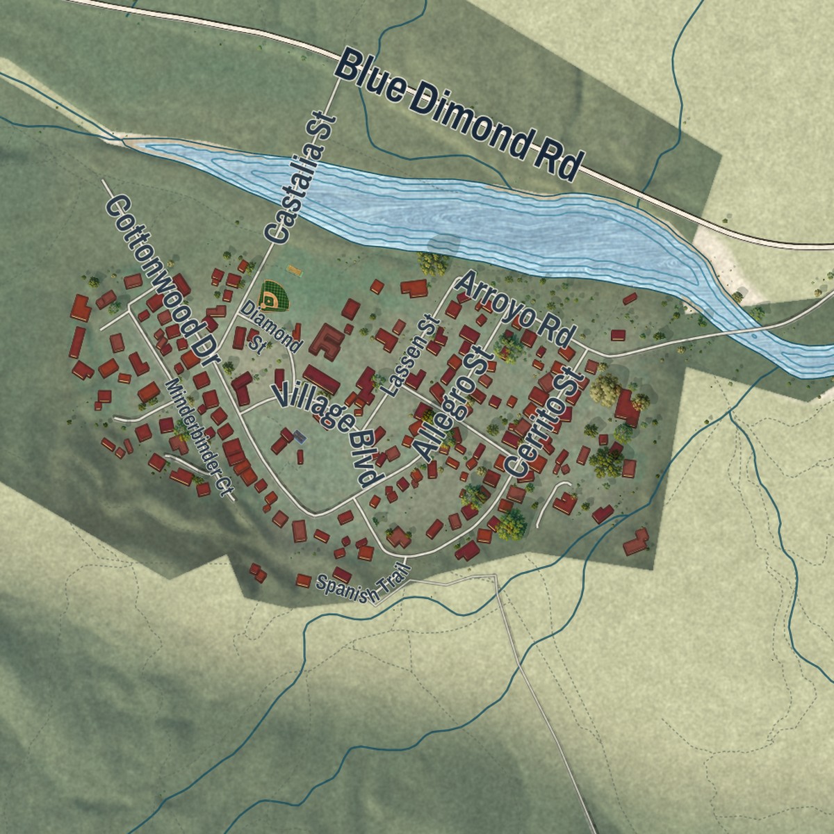 Second close-up of the map of Blue Diamond, Nevada print showing more streets and buildings