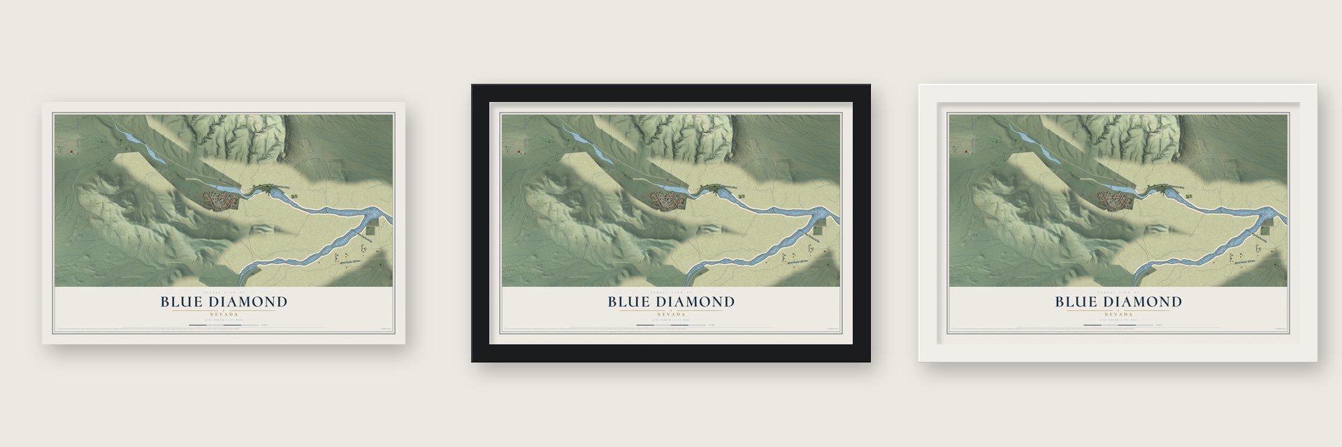 Blue Diamond, Nevada map unframed, in a black wood frame and in a white wood frame
