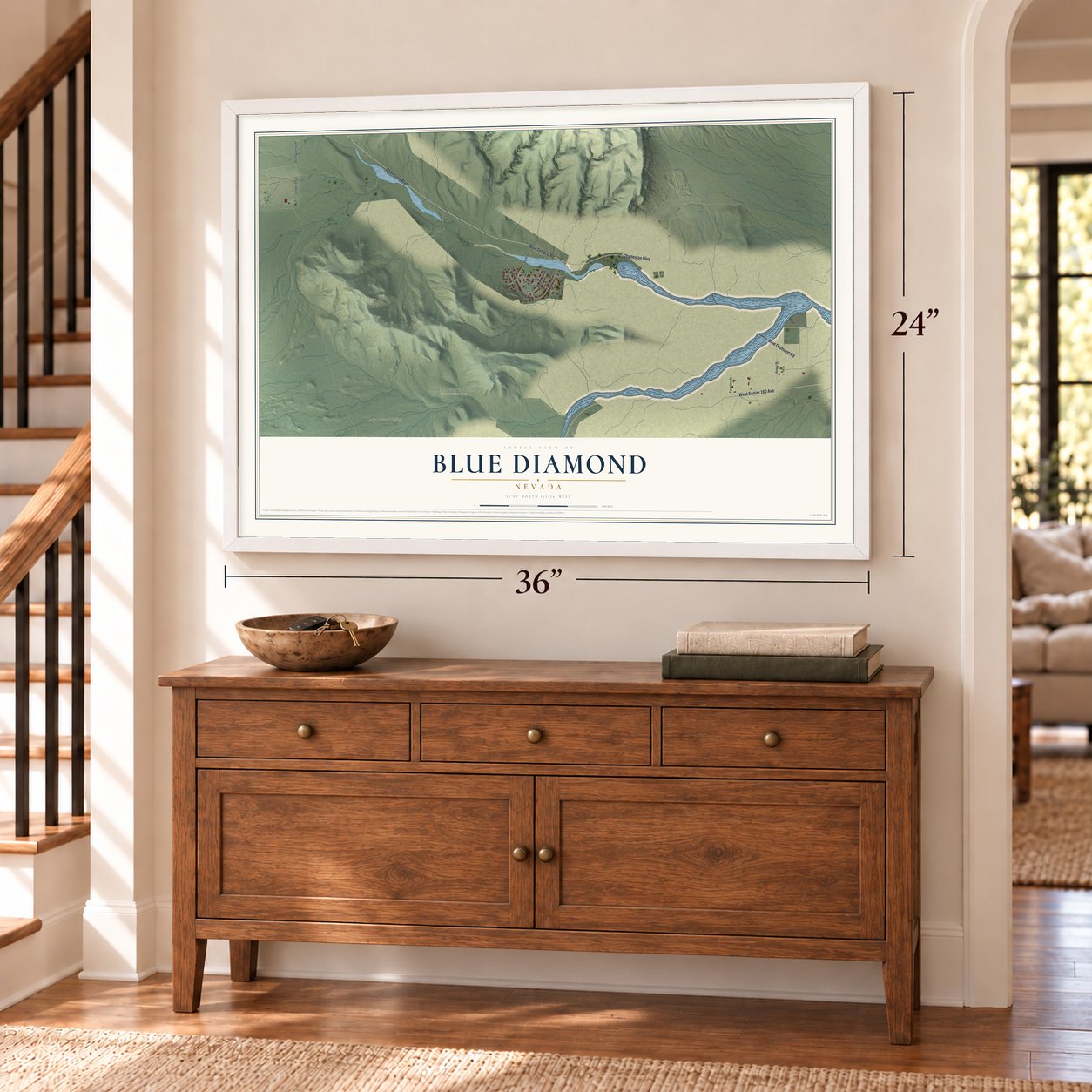 Blue Diamond, Nevada map, 24 x 36 inch print in a white frame above a dresser by a staircase