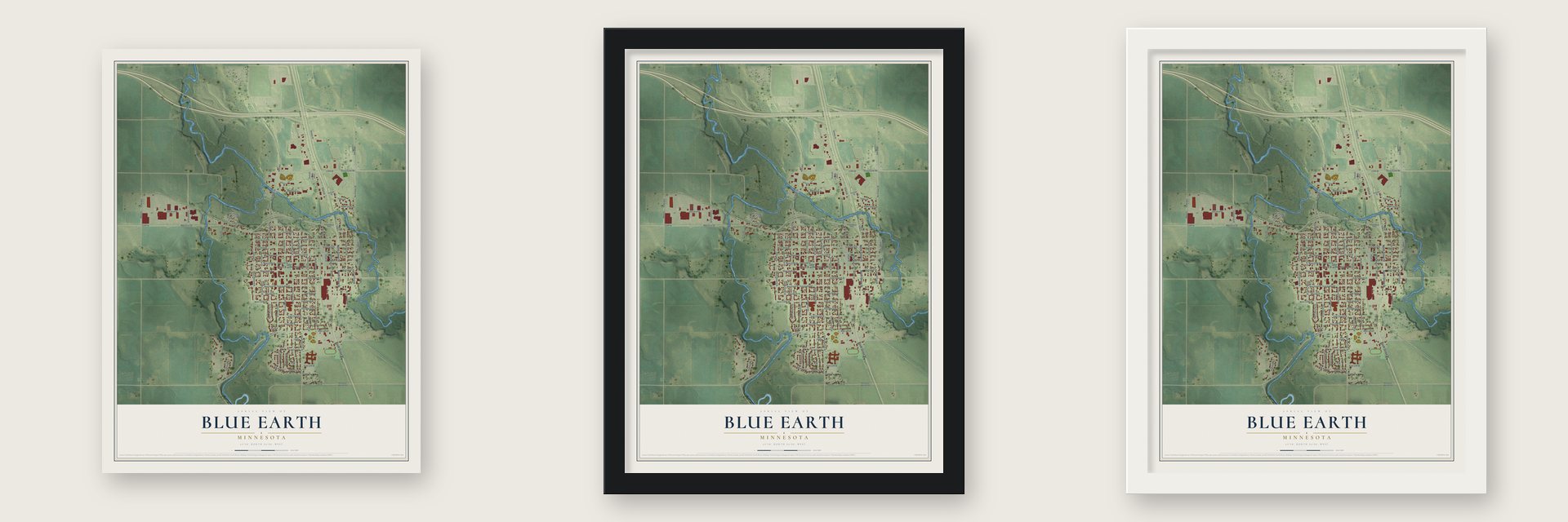 Blue Earth, Minnesota map unframed, in a black wood frame and in a white wood frame