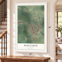 Blue Earth, Minnesota map, 24 x 36 inch print in a white frame by a staircase