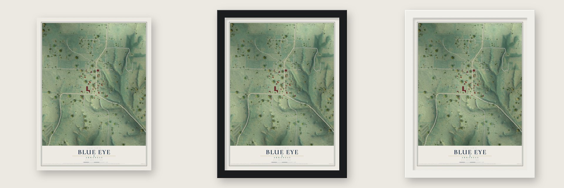Blue Eye, Arkansas map unframed, in a black wood frame and in a white wood frame