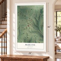 Blue Eye, Arkansas map, 24 x 36 inch print in a white frame by a staircase