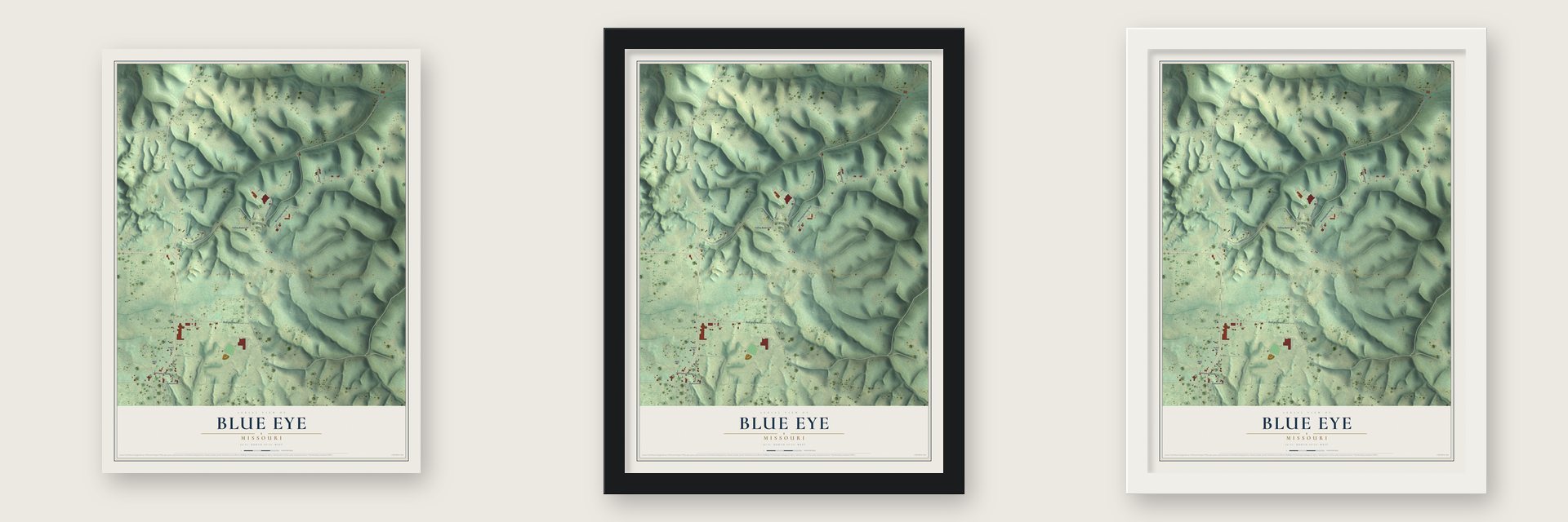 Blue Eye, Missouri map unframed, in a black wood frame and in a white wood frame