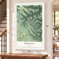Blue Eye, Missouri map, 24 x 36 inch print in a white frame by a staircase