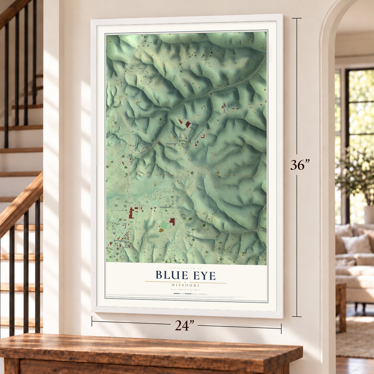 Blue Eye, Missouri map, 24 x 36 inch print in a white frame by a staircase