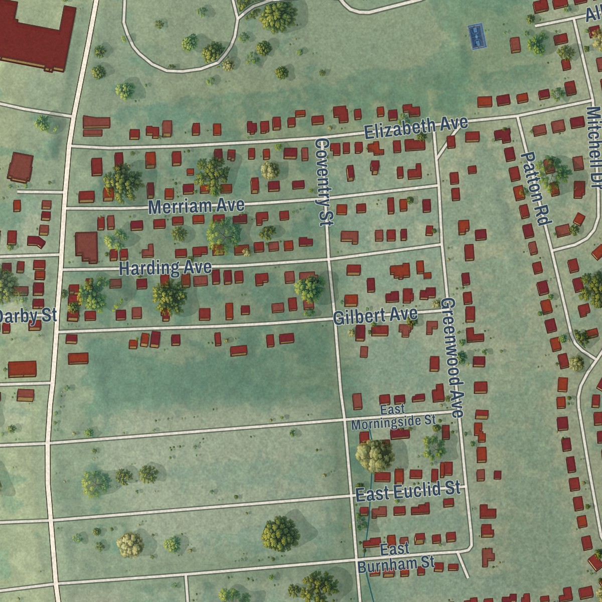 Second close-up of the map of Blue Hills, Connecticut print showing more streets and buildings