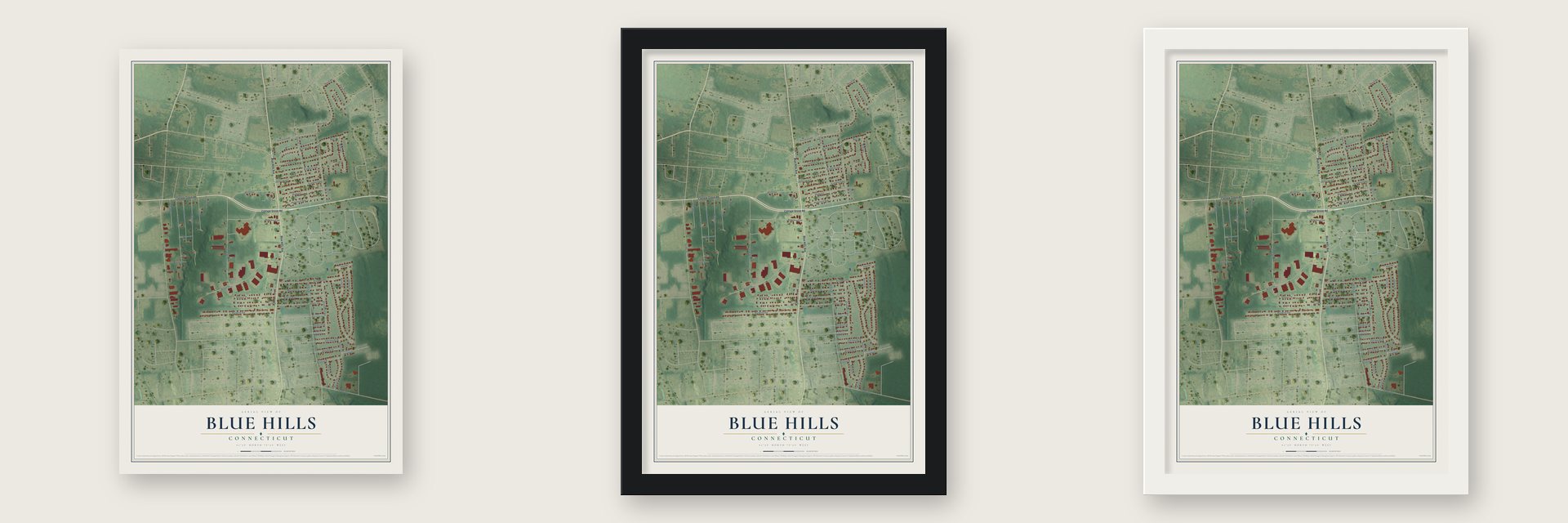 Blue Hills, Connecticut map unframed, in a black wood frame and in a white wood frame
