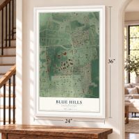 Blue Hills, Connecticut map, 24 x 36 inch print in a white frame by a staircase