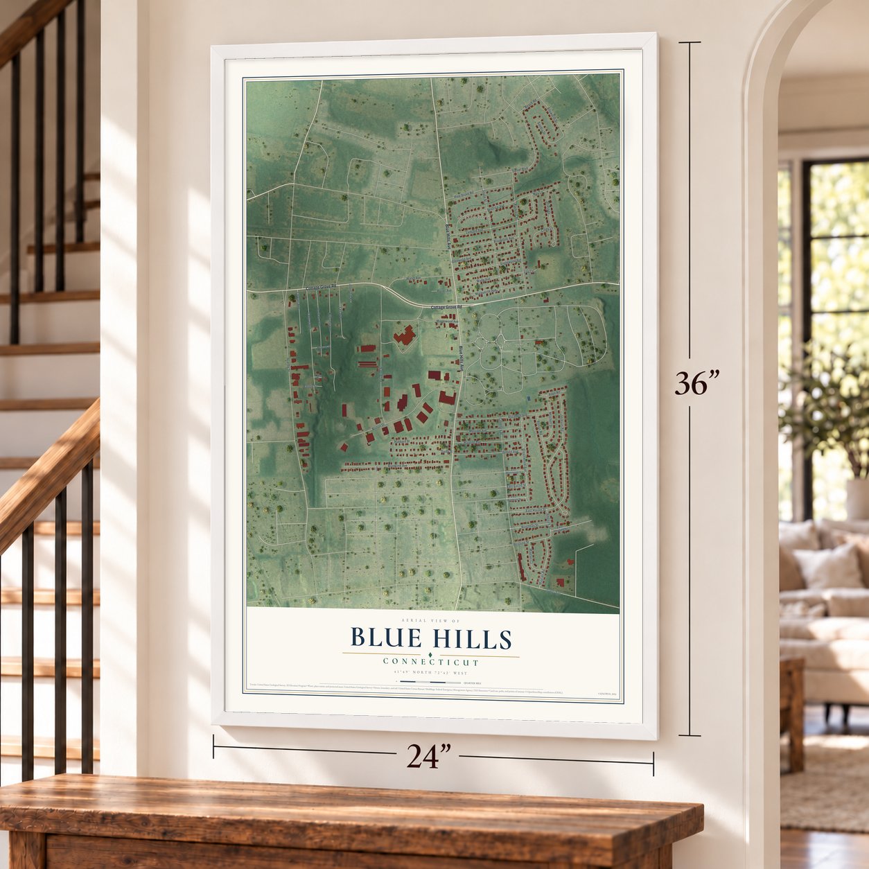 Blue Hills, Connecticut map, 24 x 36 inch print in a white frame by a staircase