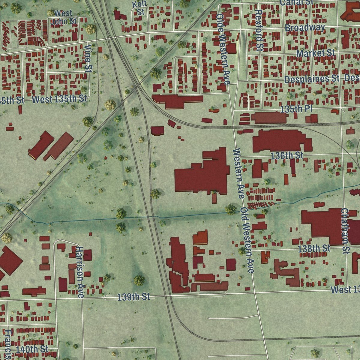 Second close-up of the map of Blue Island, Illinois print showing more streets and buildings