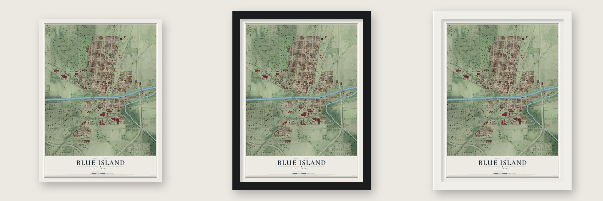 Blue Island, Illinois map unframed, in a black wood frame and in a white wood frame