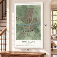 Blue Island, Illinois map, 24 x 36 inch print in a white frame by a staircase