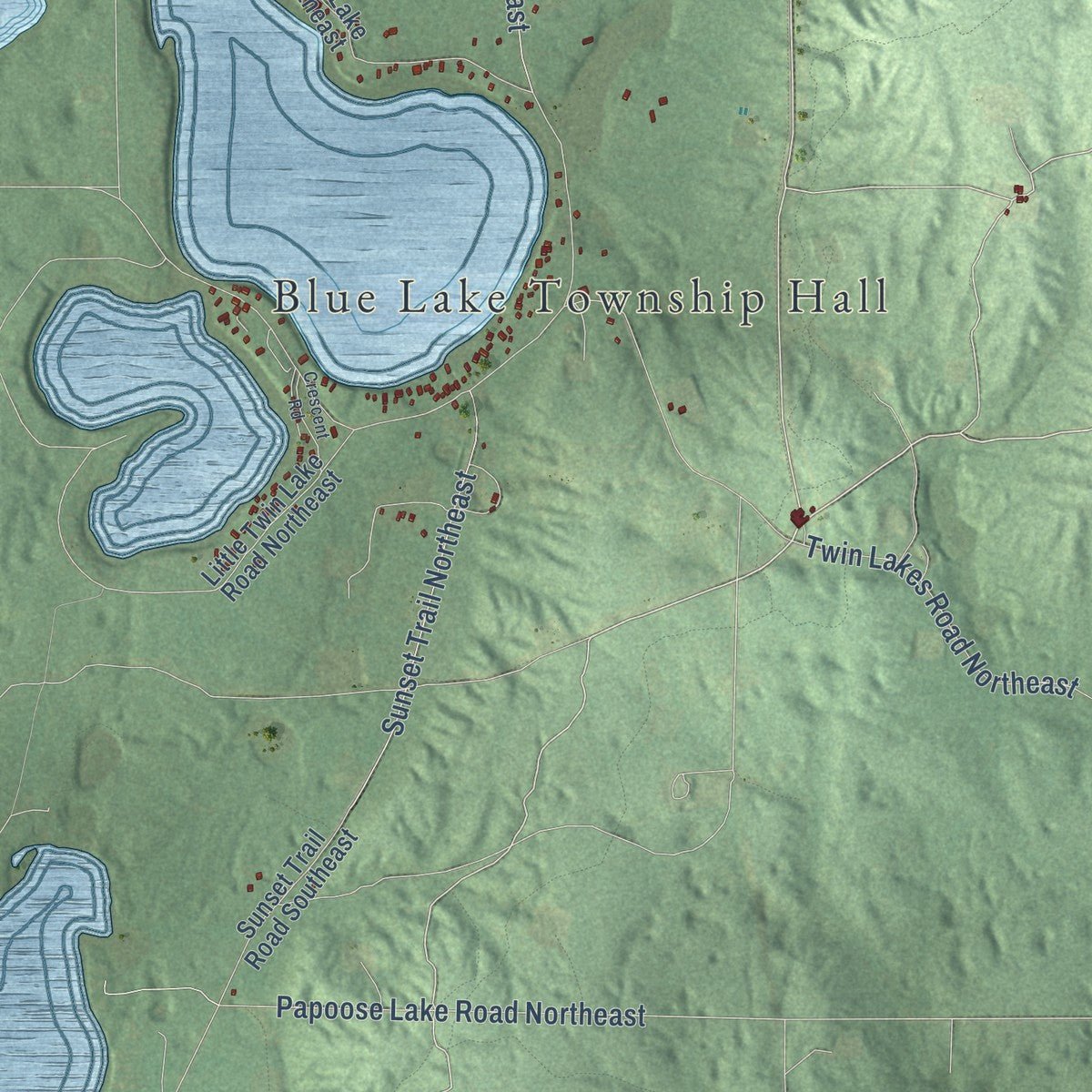 Second close-up of the map of Blue Lake, Kalkaska County, Michigan print showing more streets and buildings