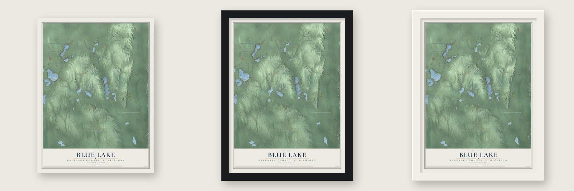 Blue Lake, Kalkaska County, Michigan map unframed, in a black wood frame and in a white wood frame