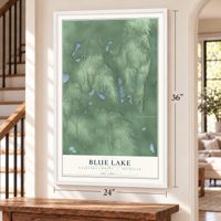 Blue Lake, Kalkaska County, Michigan map, 24 x 36 inch print in a white frame by a staircase