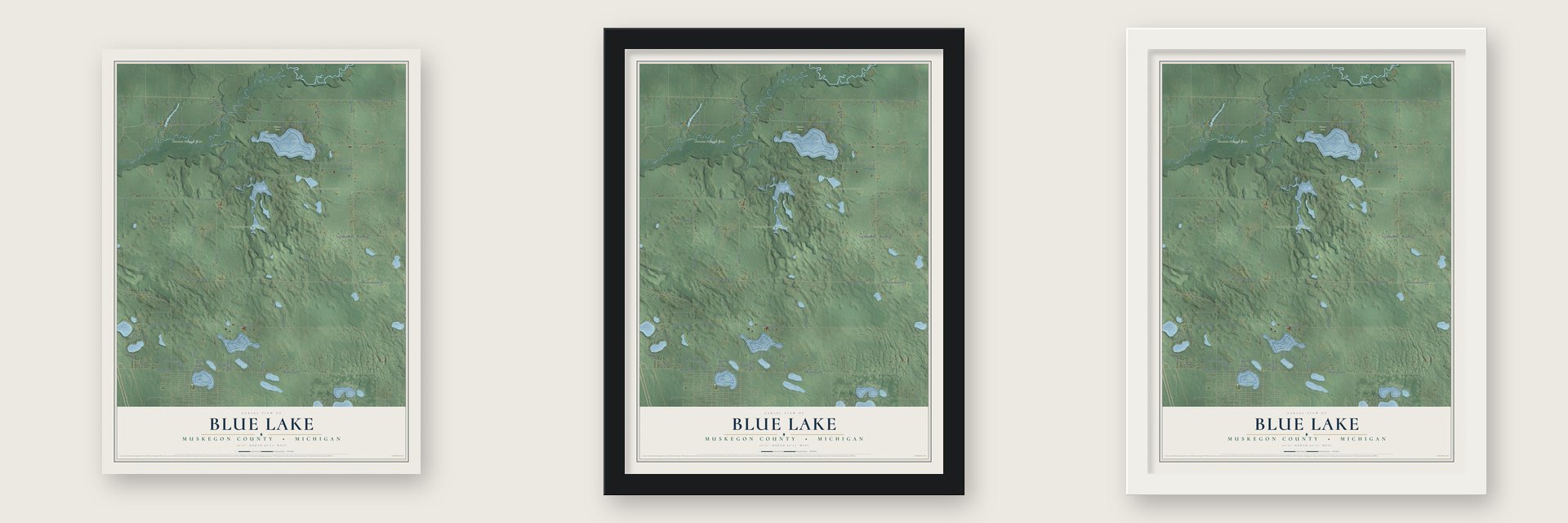 Blue Lake, Muskegon County, Michigan map unframed, in a black wood frame and in a white wood frame