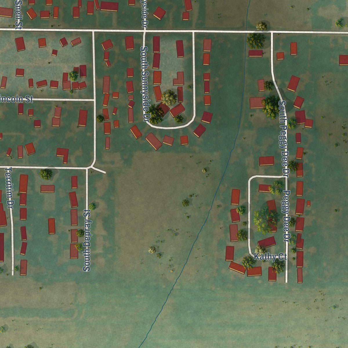 Second close-up of the map of Blue Mound, Illinois print showing more streets and buildings