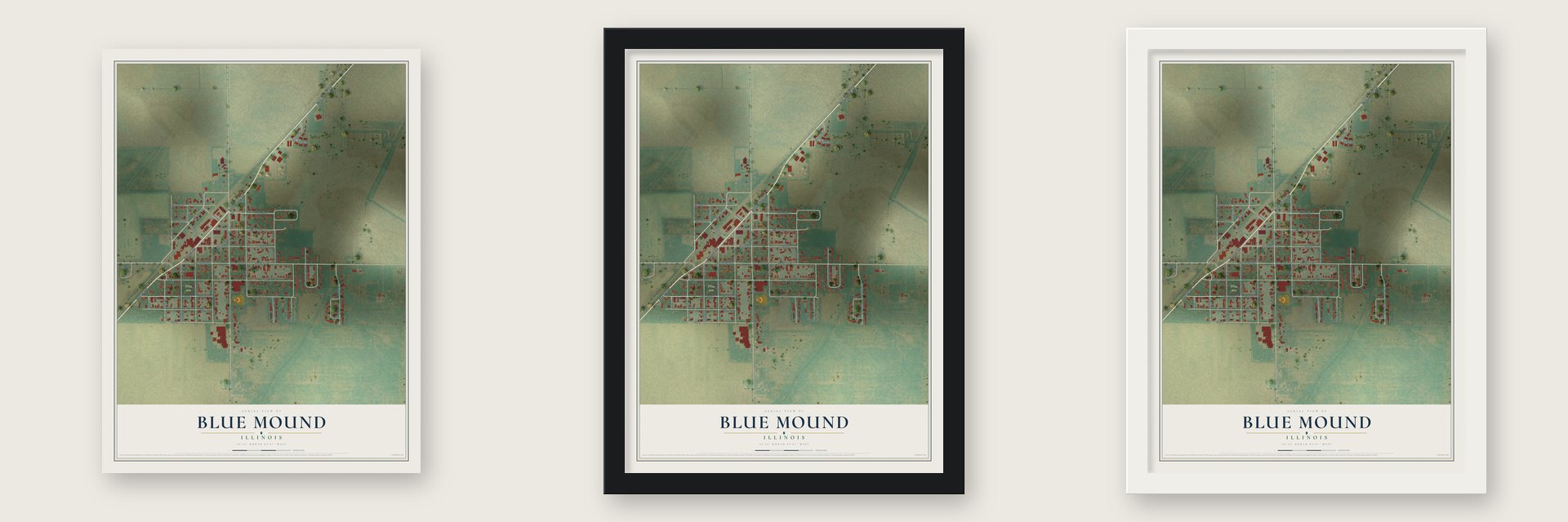 Blue Mound, Illinois map unframed, in a black wood frame and in a white wood frame
