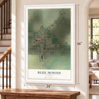Blue Mound, Illinois map, 24 x 36 inch print in a white frame by a staircase