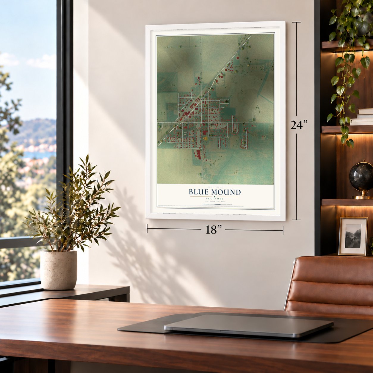 Blue Mound, Illinois map, 18 x 24 inch print in a white frame in a home office
