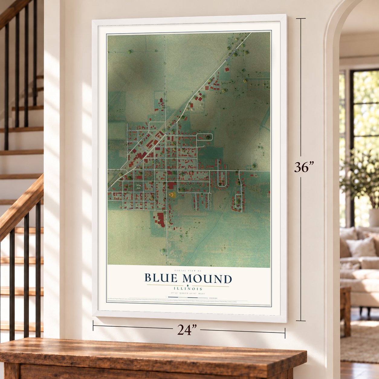 Blue Mound, Illinois map, 24 x 36 inch print in a white frame by a staircase