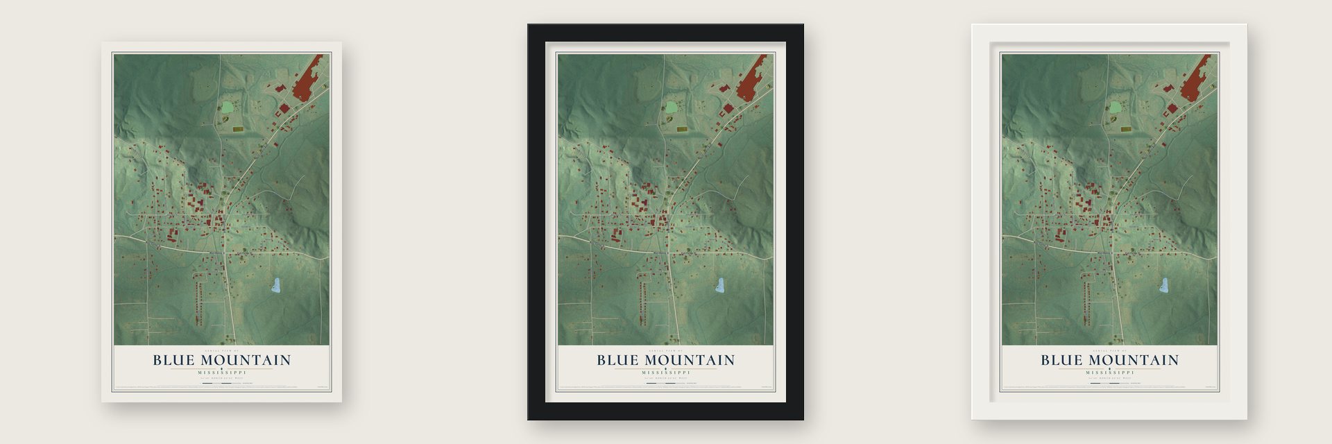 Blue Mountain, Mississippi map unframed, in a black wood frame and in a white wood frame