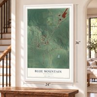 Blue Mountain, Mississippi map, 24 x 36 inch print in a white frame by a staircase