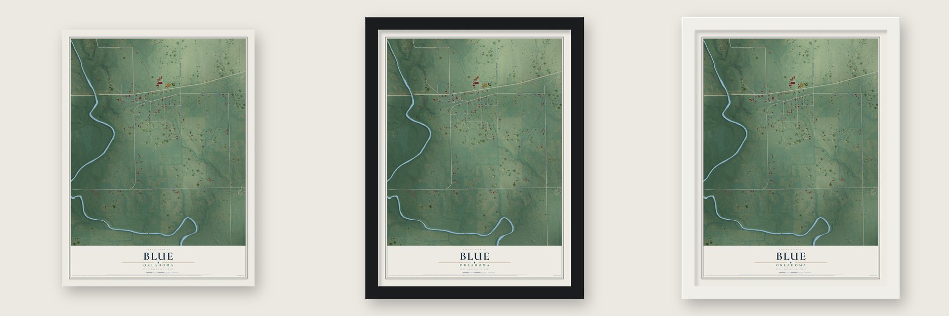 Blue, Oklahoma map unframed, in a black wood frame and in a white wood frame