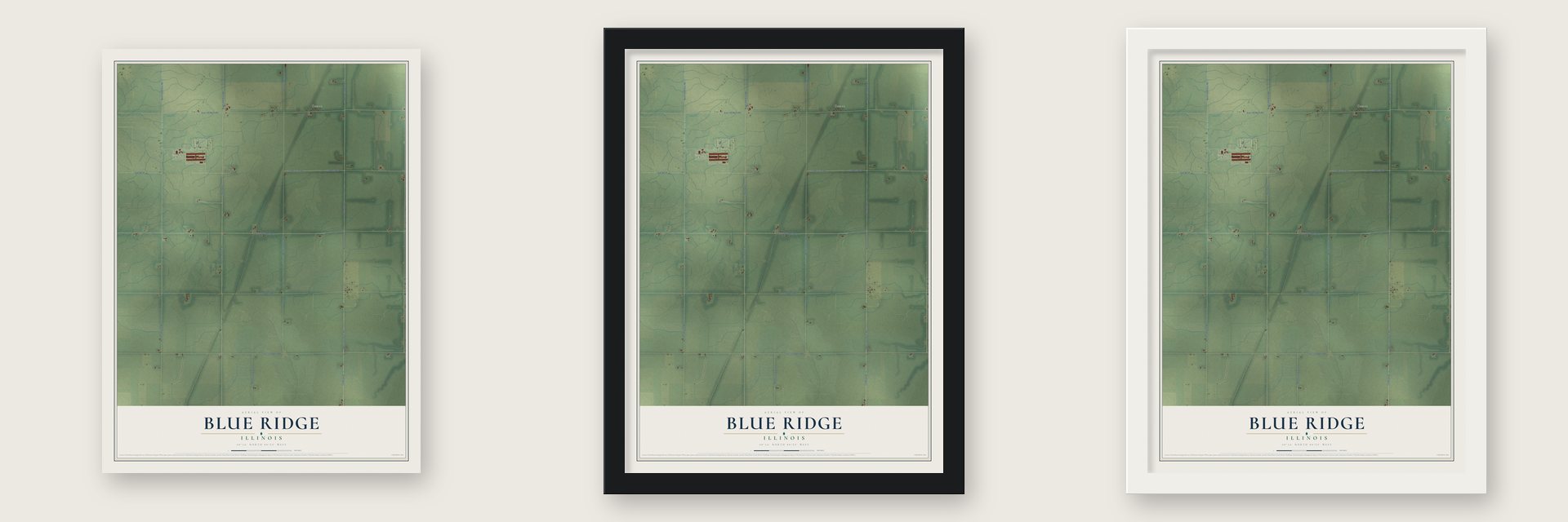 Blue Ridge, Illinois map unframed, in a black wood frame and in a white wood frame