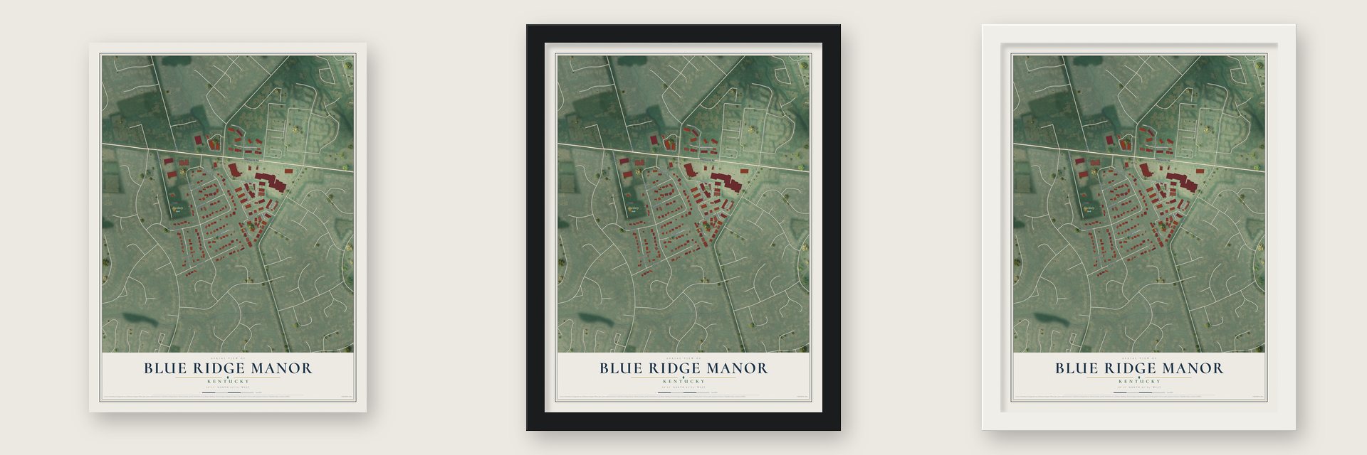 Blue Ridge Manor, Kentucky map unframed, in a black wood frame and in a white wood frame