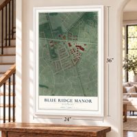 Blue Ridge Manor, Kentucky map, 24 x 36 inch print in a white frame by a staircase