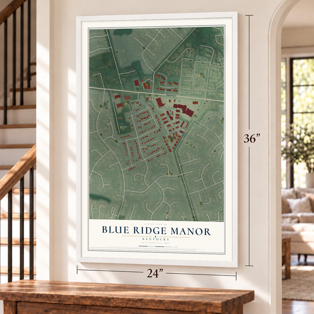 Blue Ridge Manor, Kentucky map, 24 x 36 inch print in a white frame by a staircase