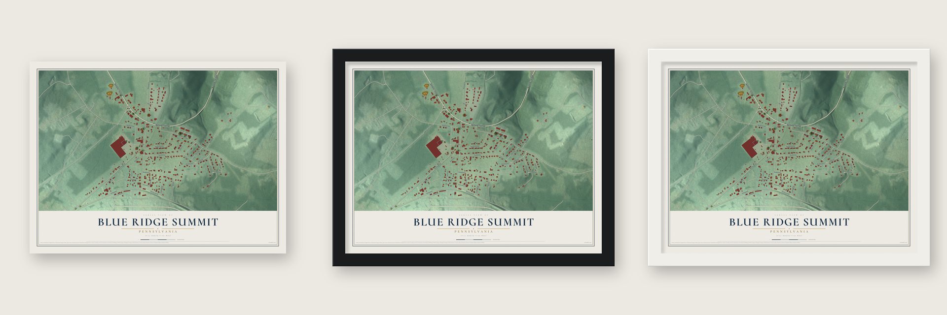 Blue Ridge Summit, Pennsylvania map unframed, in a black wood frame and in a white wood frame