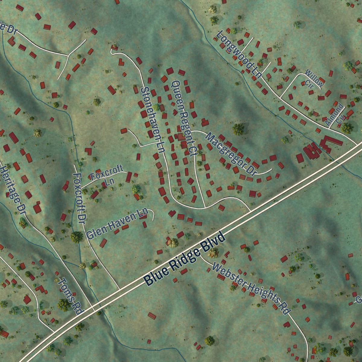 Second close-up of the map of Blue Ridge, Virginia print showing more streets and buildings