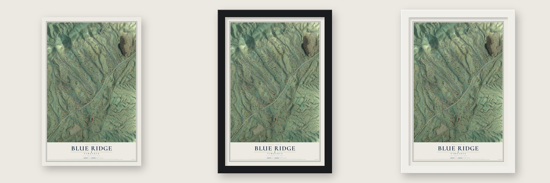 Blue Ridge, Virginia map unframed, in a black wood frame and in a white wood frame